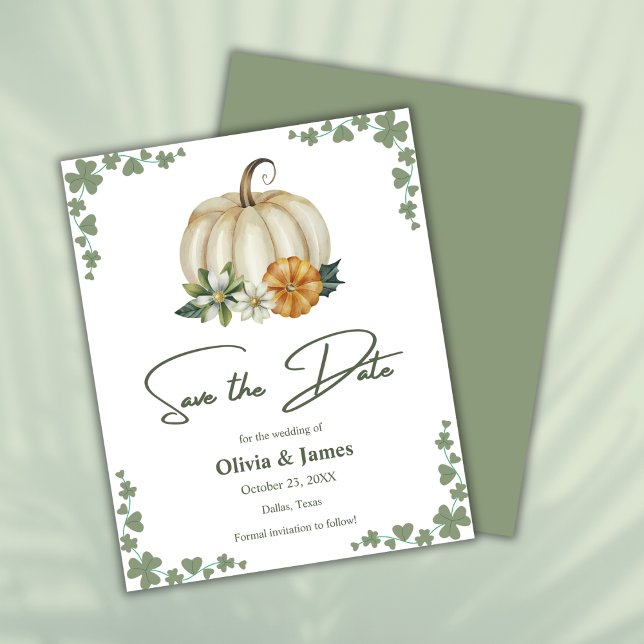 Apaixonado Casamento Verde Salve o Cartão de Data (Budget Fall in Love Pumpkin Greenery Sage Green Wedding Save The Date Card )