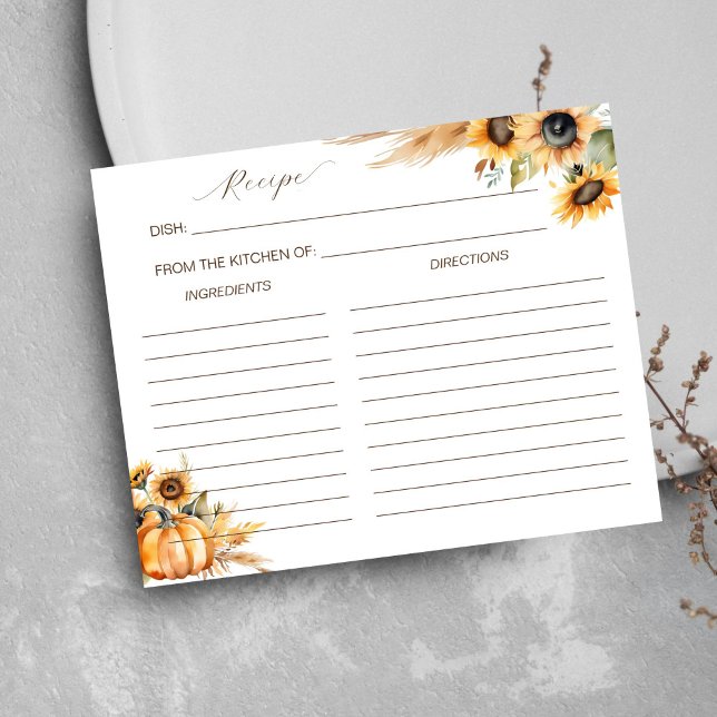 Apaixonar-se pelo cartão de receitas de flores de  (Fall in love boho pumpkin sunflowers pampas grass bridal shower recipe card)