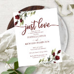 Apenas Ame Flores Vermelhas Orçamento Convites de<br><div class="desc">Caligrafia,  convites para casamentos casuais florais vermelhos. Fácil de personalizar com seus detalhes.</div>