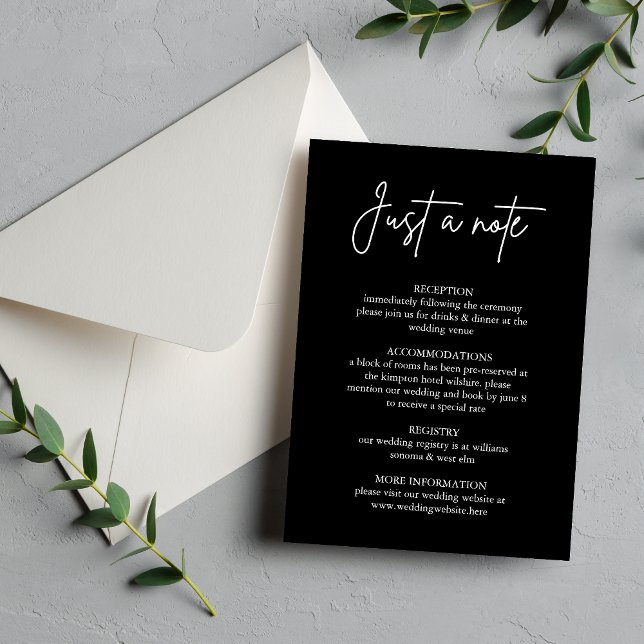 Apenas uma Nota Black Minimal Cartão de Acompanham (Minimal black enclosure card shares wedding details with a simple, modern elegance.)