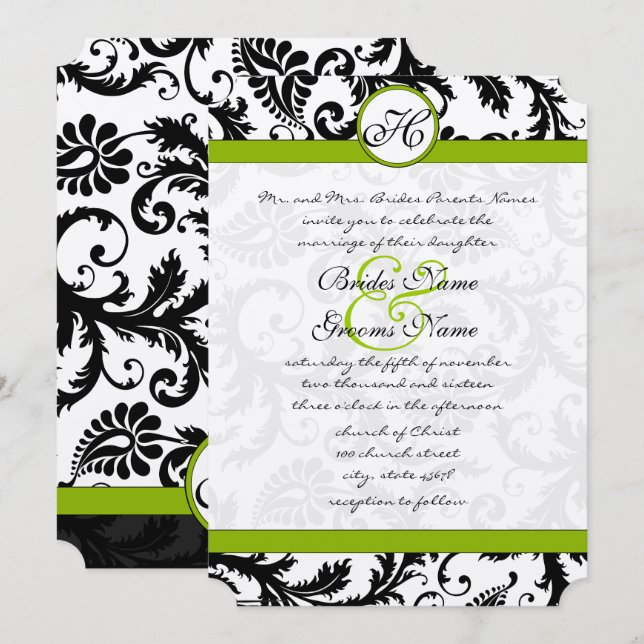 Apple Green Damask Swirls Convite Para Casamento (Frente/Verso)