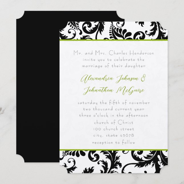 Apple Green Damask Swirls Convite Para Casamento (Frente/Verso)