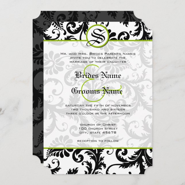 Apple Green Damask Swirls Convite Para Casamento (Frente/Verso)