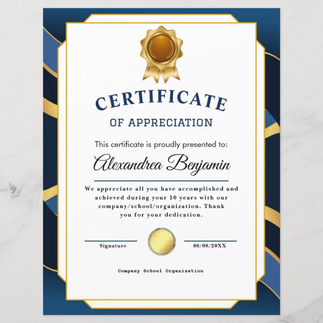 Apreciação do Certificado Azul Dourado (Frente)