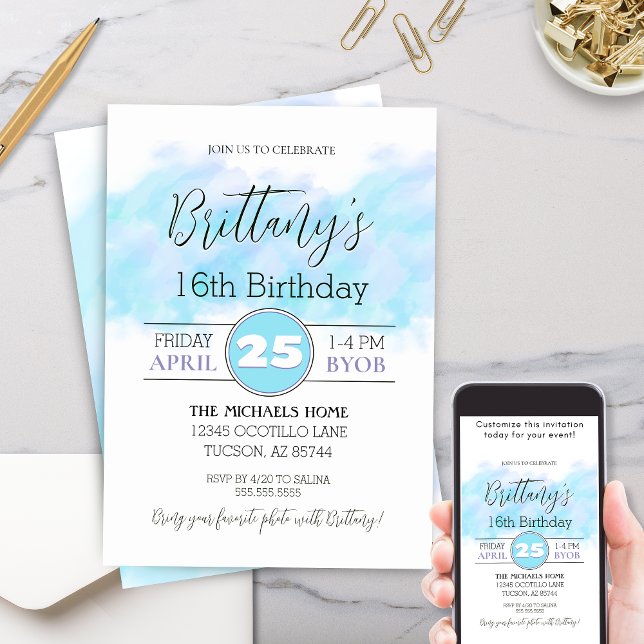 Aqua Azul Moderno 16.º Convite de Aniversário (Modern aqua blue and purple artistic 16th or any birthday party invitation with trendy script)