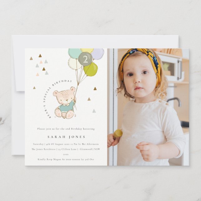 Aqua Bear Balão Foto de Qualquer Convite Aniversár (Frente)