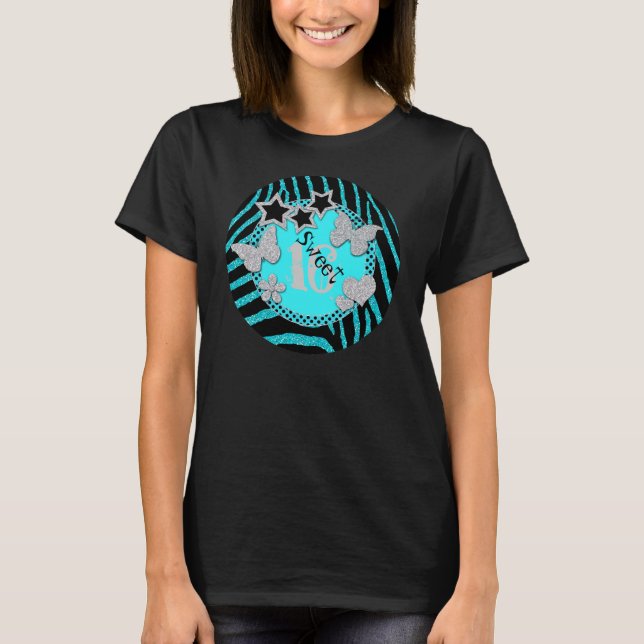Aqua Black Silver Zebra Glitter Sweet 16 T-Shirt (Frente)