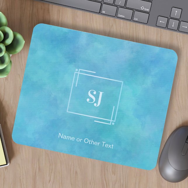 Aqua Blue Abstrato Watercolor Monograma Mousepad (Criador carregado)
