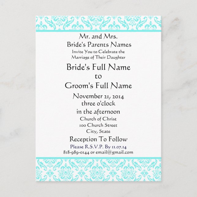 Aqua Blue Damask no Convite para Casamento Branco (Frente)