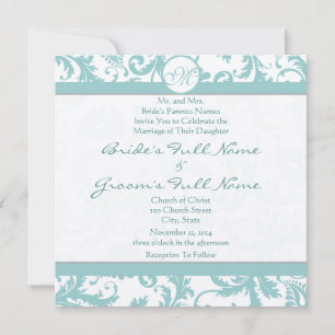 Aqua Blue Damask Swirls Convite Para Casamento