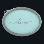 Aqua Blue Teal Modern Script Girly Monographic Nam<br><div class="desc">Belt Buckle do Monograma Simples de Letra Azul Aqua. Isso faz a formatura perfeita, doce 16 16, 18, 21rua, 40, 50, 60, 70, 80, 90, 100 anos, casamento, chá de panela, aniversário, chá de fraldas ou presente de festa de solteira para alguém que ama luxo de vidro e estilos quicos....</div>