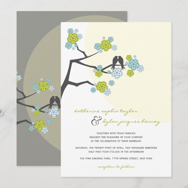 Aqua Cherry Blossoms Love Birds Convite de casamen (Frente/Verso)