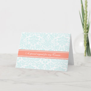 Aqua Coral Damask Cousin Bridesmaid Convite