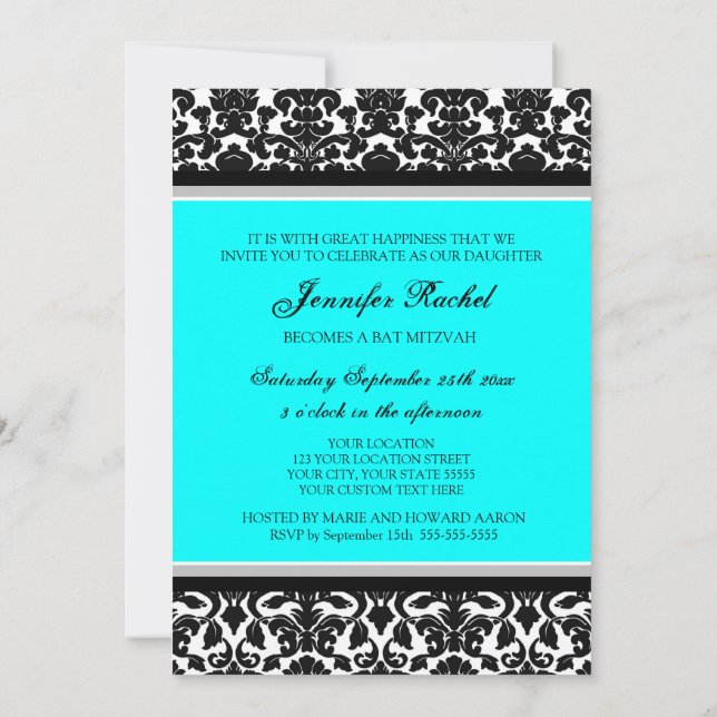 Aqua Damask Bat Mitzvah Convites (Verso)