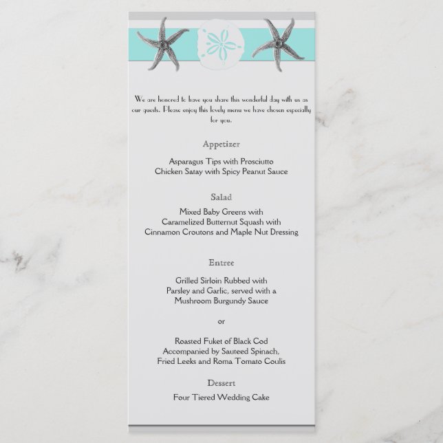 Aqua e Cinza Starfish Menu Casamento (Frente)