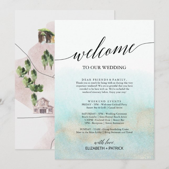 Aqua e Dourada Beach - Carta de Boas-vindas Itiner (Frente/Verso)