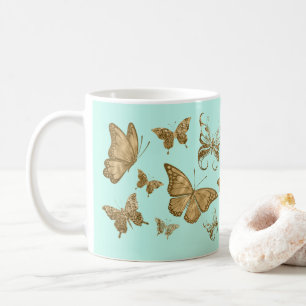 Aqua e Dourada caneca de café da borboleta