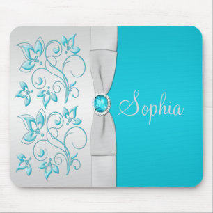 Aqua e Silver Floral Mousepad