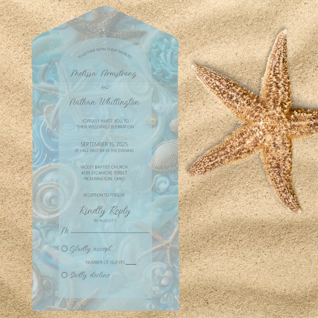 Aqua e Tan Sea Shells & Starfish (Available with QR code. )