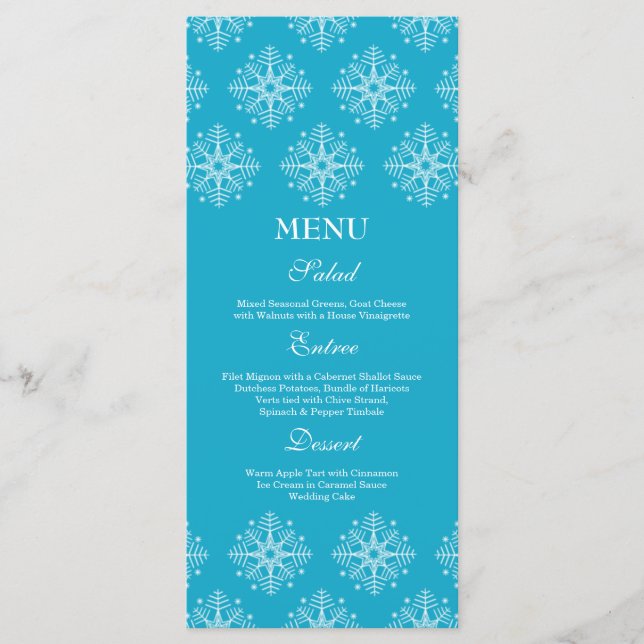 Aqua + flocos de neve brancos menu comida casament (Frente)