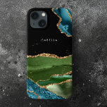 Aqua personalizado/Agato verde com veias Douradas<br><div class="desc">Legal moderna tendência iridescente aqua/azul/verde agate com veias douradas e brilhos em fundo preto com campo de texto editável para seu nome ou monograma.</div>