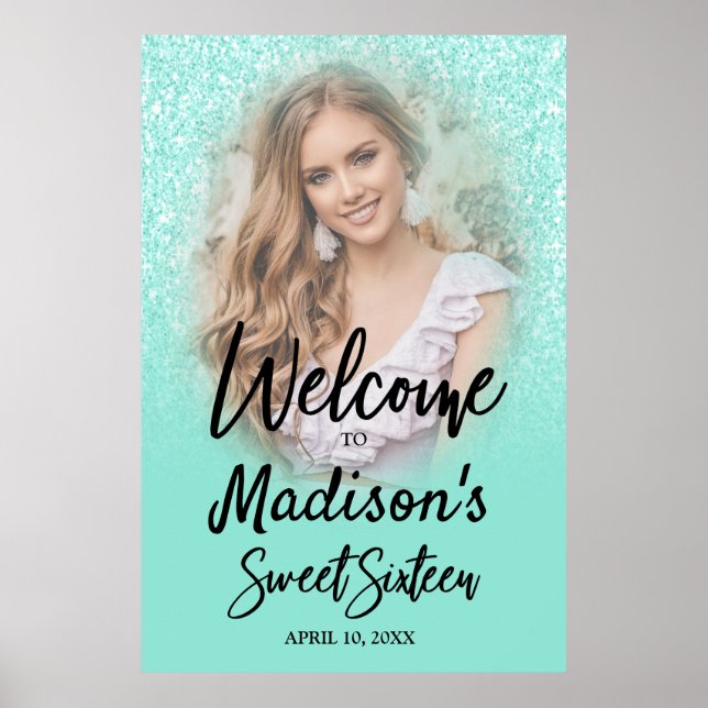 Aqua Sparkle Glitter Sweet 16 Photo Welcome Poster (Frente)