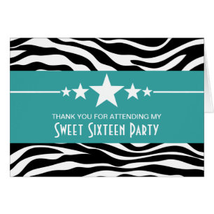 Aqua Stars Zebra Print Sweet 16 Cartões de agradec