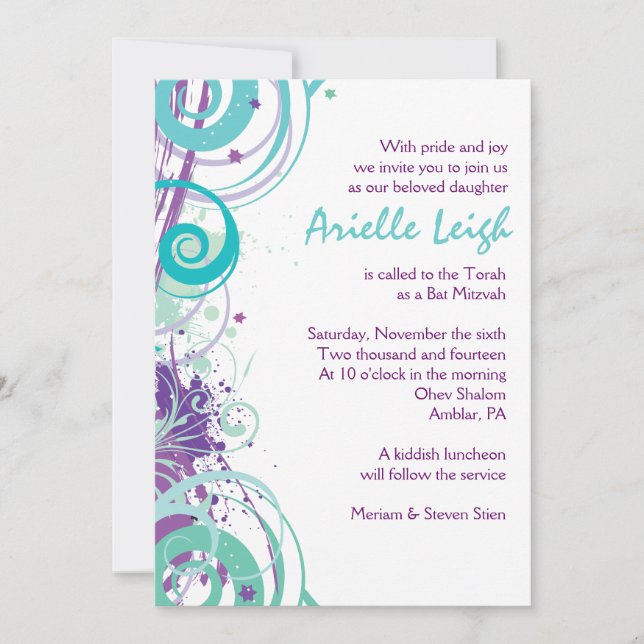 AQUA SWIRLS & STARS Bat Mitzvah Convite (Frente)
