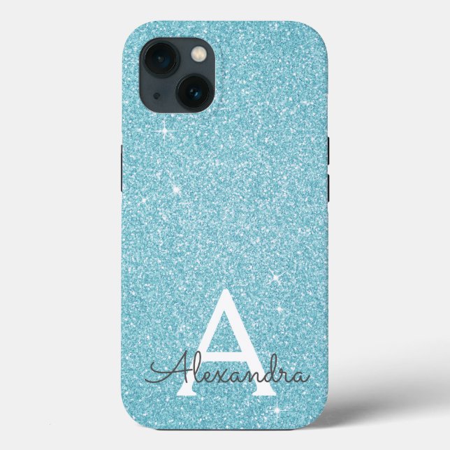 Aqua Teal Blue Glitter e Sparkle Monograma Case-M (Verso)