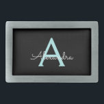 Aqua Teal Blue Script Girly Monographic Name<br><div class="desc">Belt Buckle do Monograma Simples de Letra Azul Preto e Azul Aqua Isso faz a formatura perfeita, doce 16 16, 18, 21rua, 40, 50, 60, 70, 80, 90, 100 anos, casamento, chá de panela, aniversário, chá de fraldas ou presente de festa de solteira para alguém que ama luxo de vidro...</div>