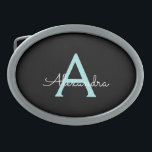 Aqua Teal Blue Script Girly Monographic Name<br><div class="desc">Belt Buckle do Monograma Simples de Letra Azul Preto e Azul Aqua Isso faz a formatura perfeita, doce 16 16, 18, 21rua, 40, 50, 60, 70, 80, 90, 100 anos, casamento, chá de panela, aniversário, chá de fraldas ou presente de festa de solteira para alguém que ama luxo de vidro...</div>