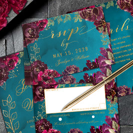 Aqua Teal Merlot Jewel Tone Dourado Casamento RSVP