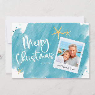 Aqua Teal Tropical Watercolor Merry Christmas Card