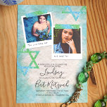 Aqua, Verde, A Largura Estende Bat Mitzvah Convite<br><div class="desc">Estilo de livro digital Bat Mitzvah convite com turquesa, aqua e trabalho de arte verde brilhante. Fotos quadradas bonitas com estrela de David trabalho de arte em papel amassado é um belo visual de vintage para sua celebração de aniversário. As legendas das fotos podem ser alteradas para qualquer belo texto...</div>