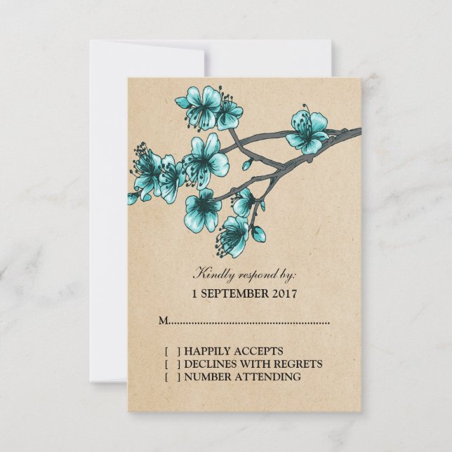 Aqua Vintage Cherry Blossoms RSVP Card (Frente)