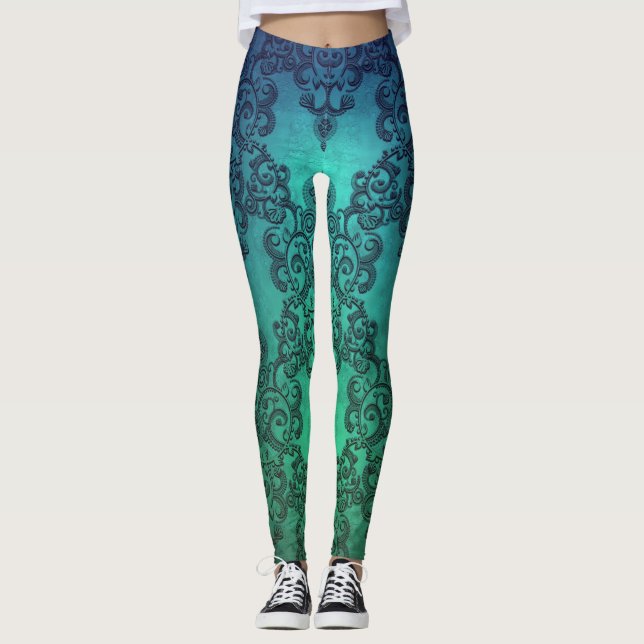 Aquamarine Dreams Damask Boho Style Leggings (Frente)