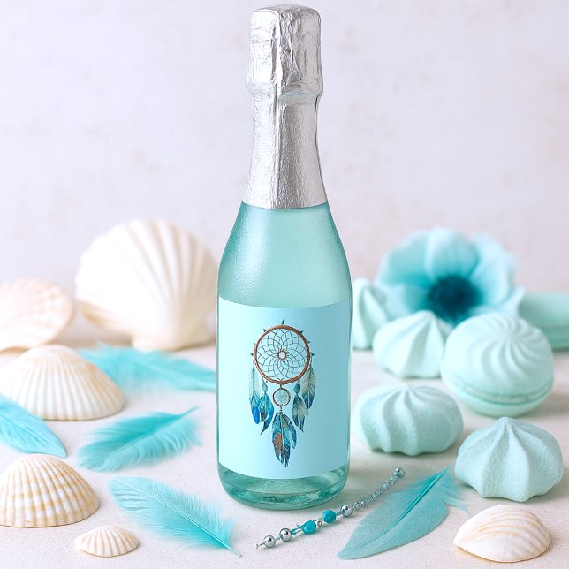 Aquamarine Watercolor Dreamcatcher Chá de fraldas (Aquamarine Watercolor Dreamcatcher Baby Shower Sparkling Wine Label)