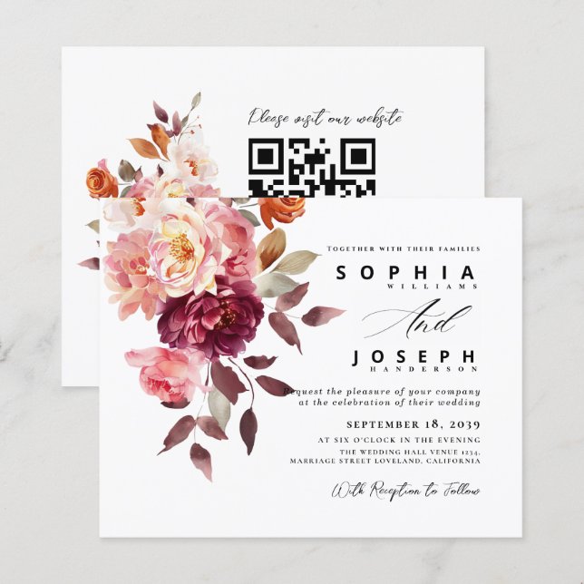 Aquarela Buquê Floral Borgonha Casamento (Frente/Verso)