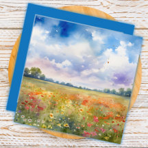 Aquarela Campo de Flores com nuvens Obrigado