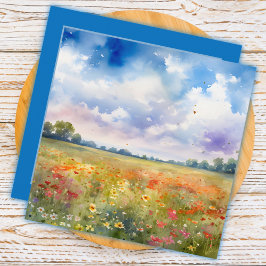 Aquarela Campo de Flores com nuvens Obrigado