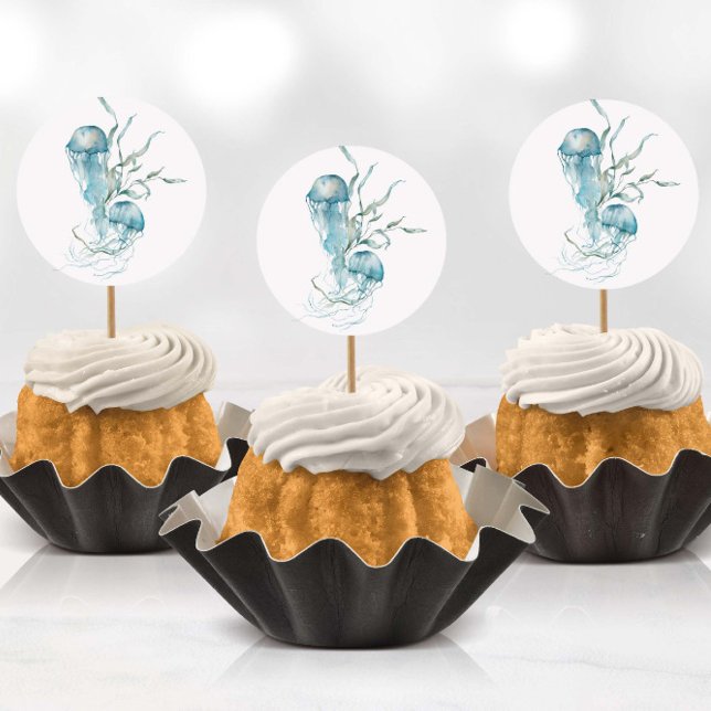 Aquarela debaixo dos adesivos de águas-vivas do ma (Stickers being used as cup cake toppers with toothpicks)