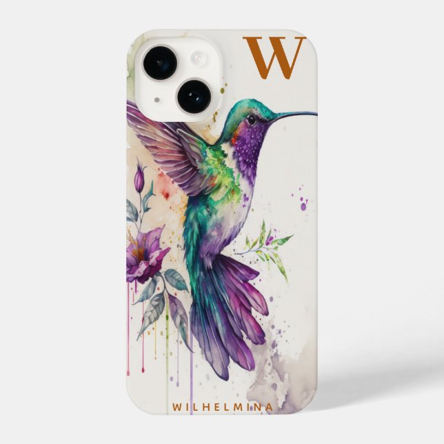 Aquarela Elegante Hummingbird Funny Monograma Nome (Verso)