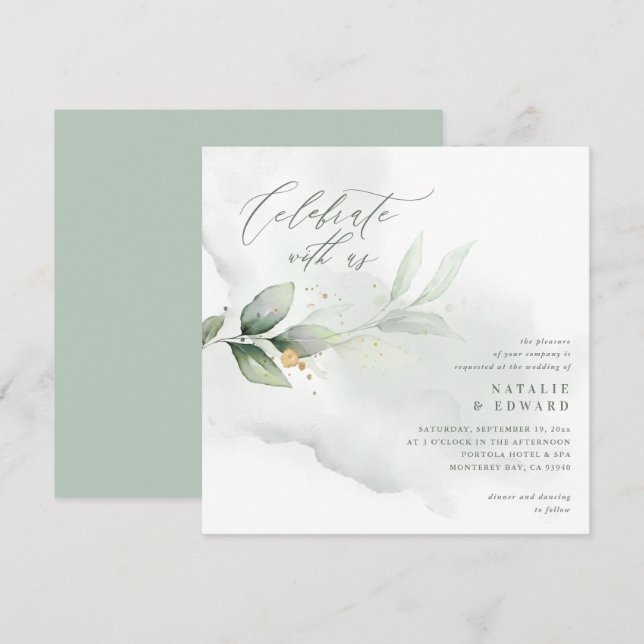Aquarela eucalipto sage, casamento verde e ouro (Frente/Verso)