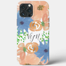 Aquarela Florais Azul Pêssego Monogramada
