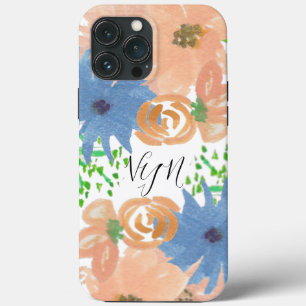 Aquarela Florais Azul Pêssego Monogramada