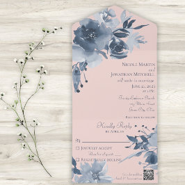 Aquarela Floral Azul Empoeirado sobre Rosa com Cód