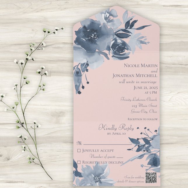 Aquarela Floral Azul Empoeirado sobre Rosa com Cód (Criador carregado)