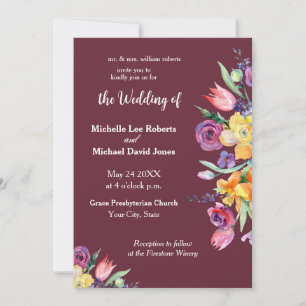 Aquarela Floral em Convite de Casamento Borgonha