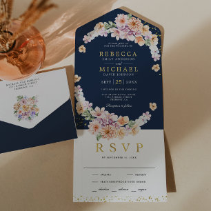 Aquarela Floral Primavera Azul Marinho Dourado Cas