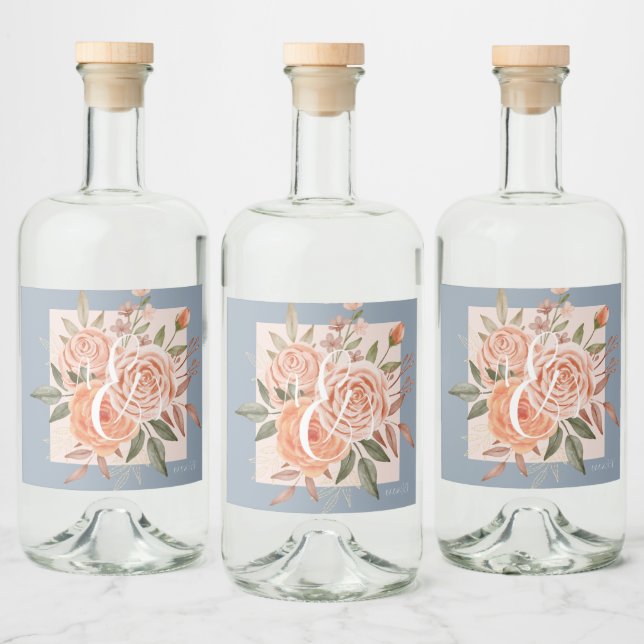 Aquarela Flores Rosas em Tons de Pêssego Azul Desb (Garrafas)